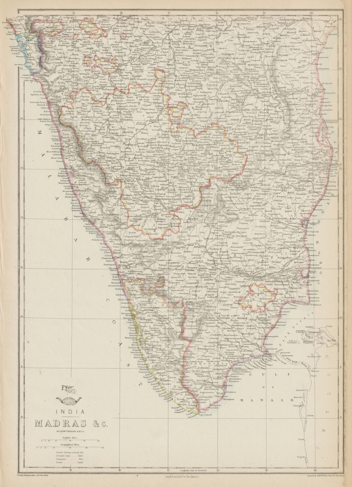 BRITISH INDIA 'Madras'. Malabar/Coromandel coasts. Goa Karikal. WELLER 1862 map